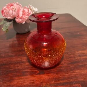 Vintage Red and Amber Crackle Glass Bud Vase